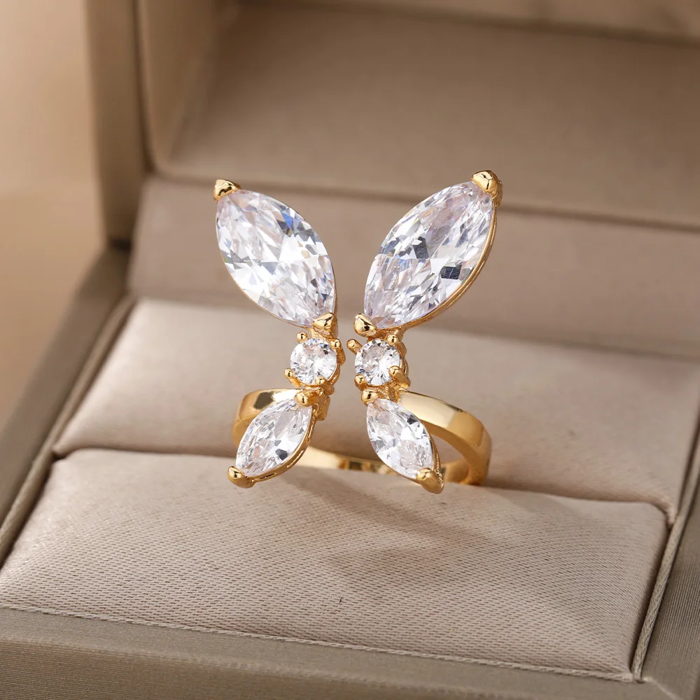 

Butterfly Rings For Women Big Zircon Adjustable Finger Ring Minimalist Geometric Fine Christmas Jewelry Party Gift Bijoux Femme