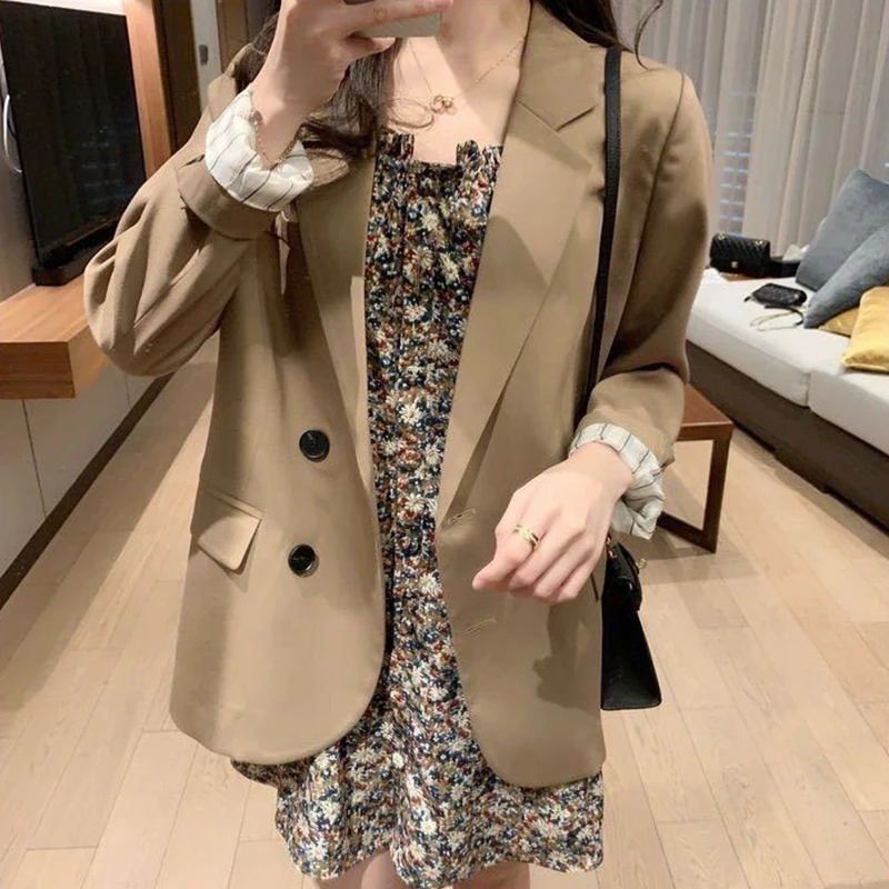 

FTLZZ New Spring Autumn Women Vintage Single Breasted Notched Long Sleeve Blazers Office Lady Buttons Solid Khaki Coat Jacket