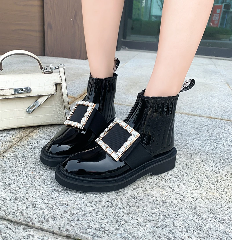 

Patent Leather Low Heel Boots Women Crystal Boot Straps New Black Non Slip Boots Womens Platform Heels Shoes Women Ankle Boots