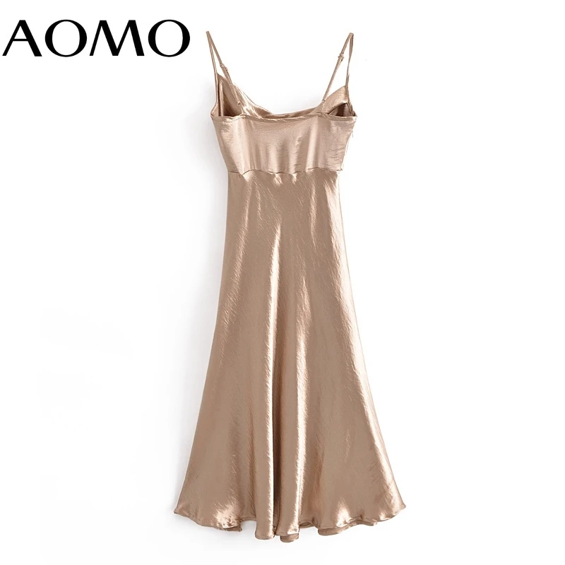 

AOMO Women Satin Dress Sleeveless Backless 2021 Summer Fashion Lady Dresses Robe QN135A