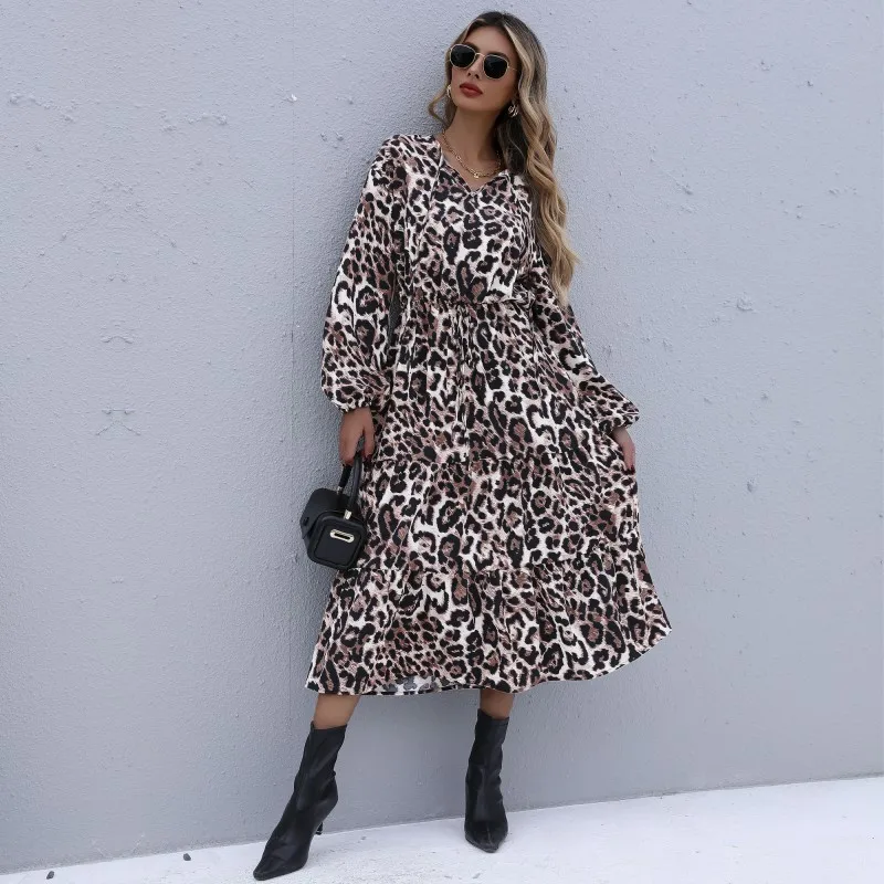 2021 Autumn New Fashion Leopard V-Neck Long Sleeve Elastic Waist with Lace up Dress for Women