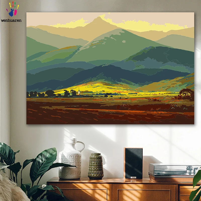 DIY картинки для раскраски по номерам с цветными горными пейзажами лес в горы