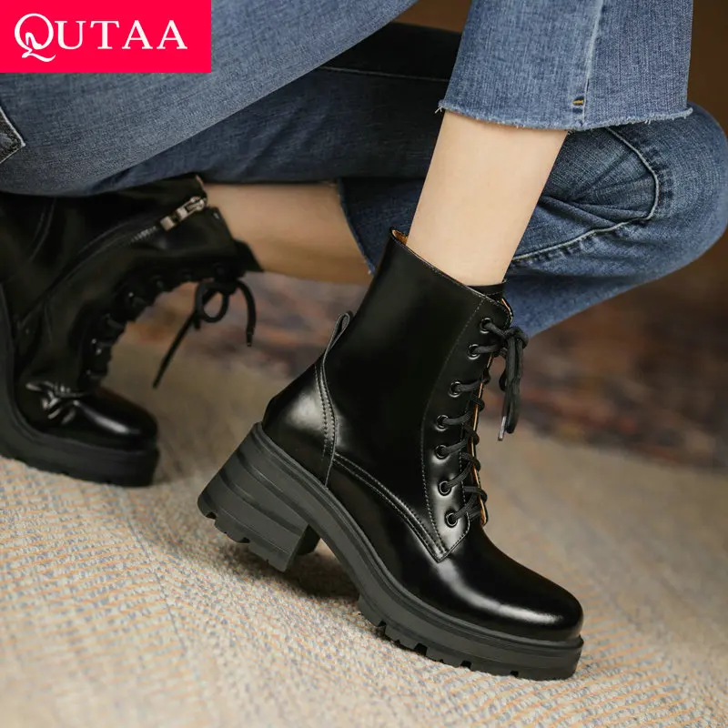 

QUTAA 2022 Square High Heel Women Shoes Lace Up Zipper Platform Ankle Boots Round Toe PU All Match Short Boots Size 34-42