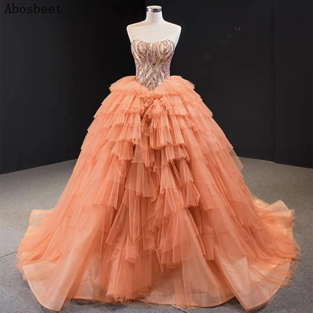 

Shining Beading Ball Gown Evening Dress 2021 Puffy Gown Court Train Elegant Sweetheart Neck Orange Long Formal Evening Prom Gown