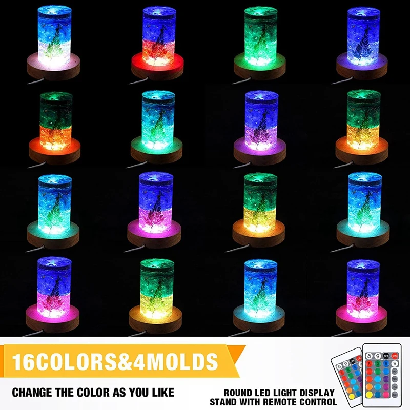 

2 Pcs LED Lights Display Base Colored Round Wooden Lighted Base Stand with Remote Control for Crystal Glass Resin Art