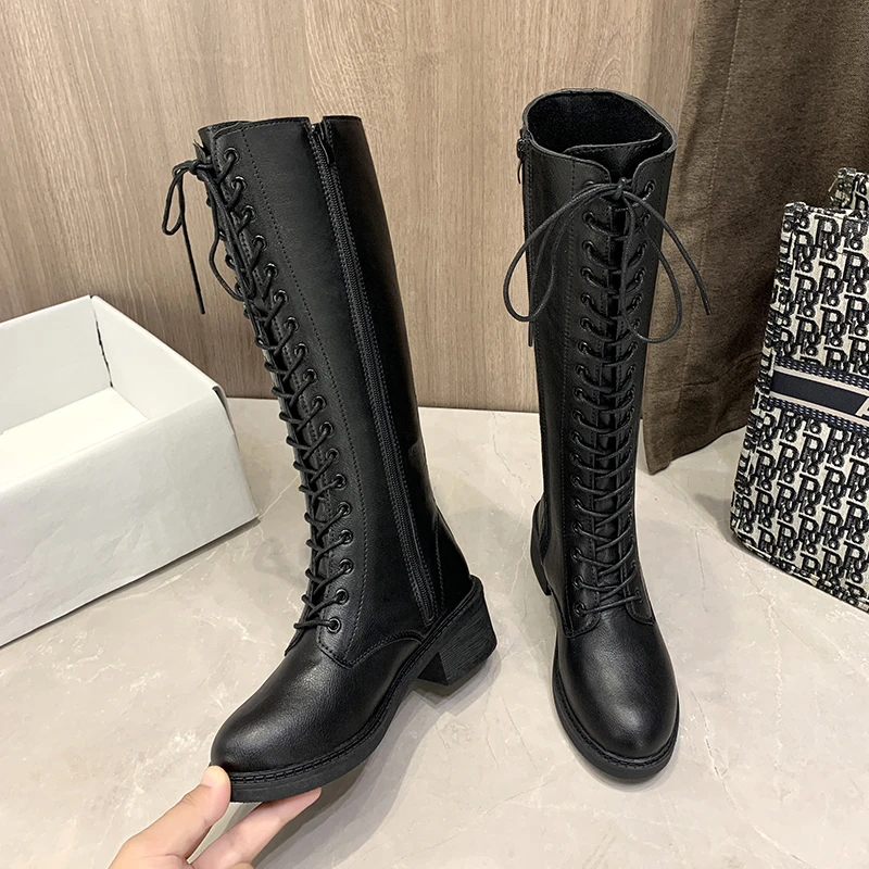 

2020 Winter New European and American Boots Women's High Roller Knight Thick Bottom Cotton Roller Martin Boots Side Zipper Shoes