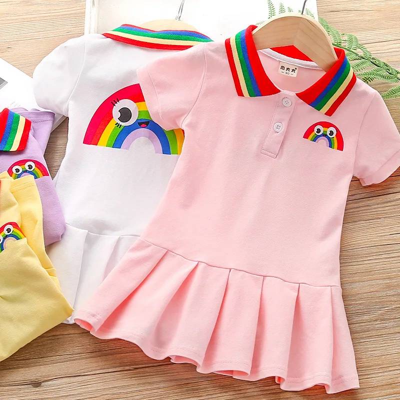 Summer Princess Dress Girl Cute Cartoon Rainbow Stripe Polo-neck Childrens Pleated Cheerleader Sports Casual Dresses | Детская одежда и