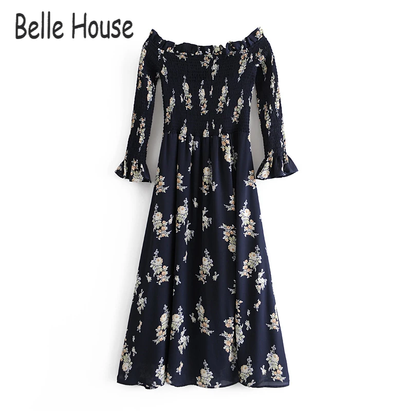 

Vintage Floral Print Flare Long Sleeve Front Hem Split Dress Women Spring Summer Holiday Sexy Slash Neck Off Shoulder NZ0267