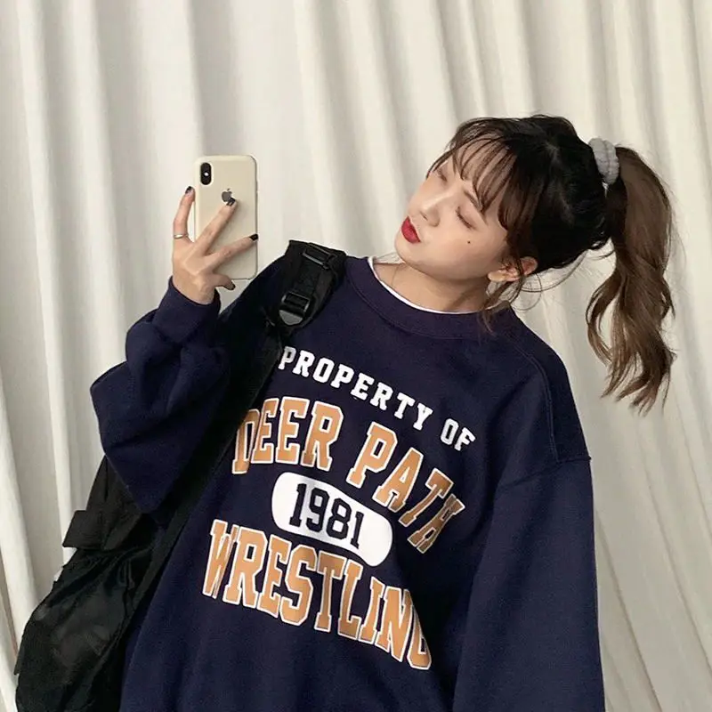 

Tenguatelier Korean Kawaii Women Sweatshirts Casual Loose Vintage Letter Sweatshirt Japanese Harajuku Ulzzang Clothing Female