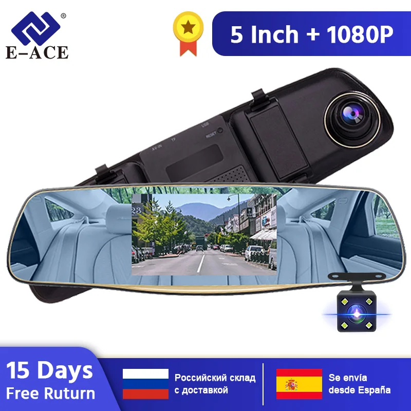 E-ACE Видеорегистраторы для автомобилей регистраторы для Full HD 1080 P 5 дюймов IPS зеркало заднего вида видеокамер авто видео регистратор Двойной объектив Камера DVR Регистраторы