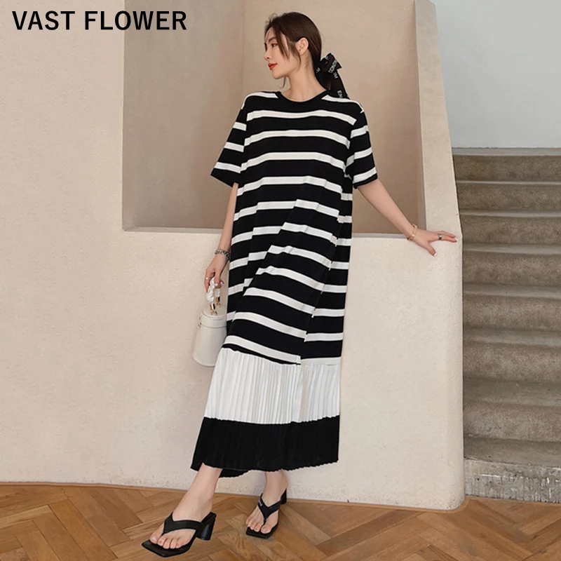 

Платье женское Плиссированное в полоску, модное свободное повседневное длинное платье с круглым вырезом и коротким рукавом в Корейском сти...