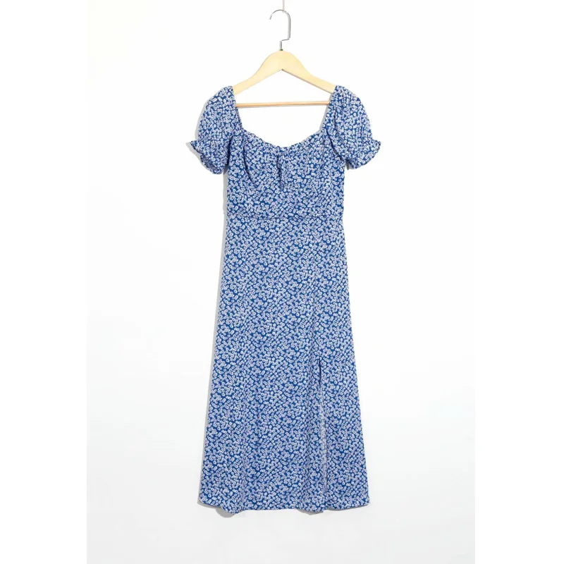 

EAYUCU Vintage Blue Floral Print Female Midi Dress High Waist Short Sleeve Summer Cotton Women Dresses Sexy Split Vestidos D420