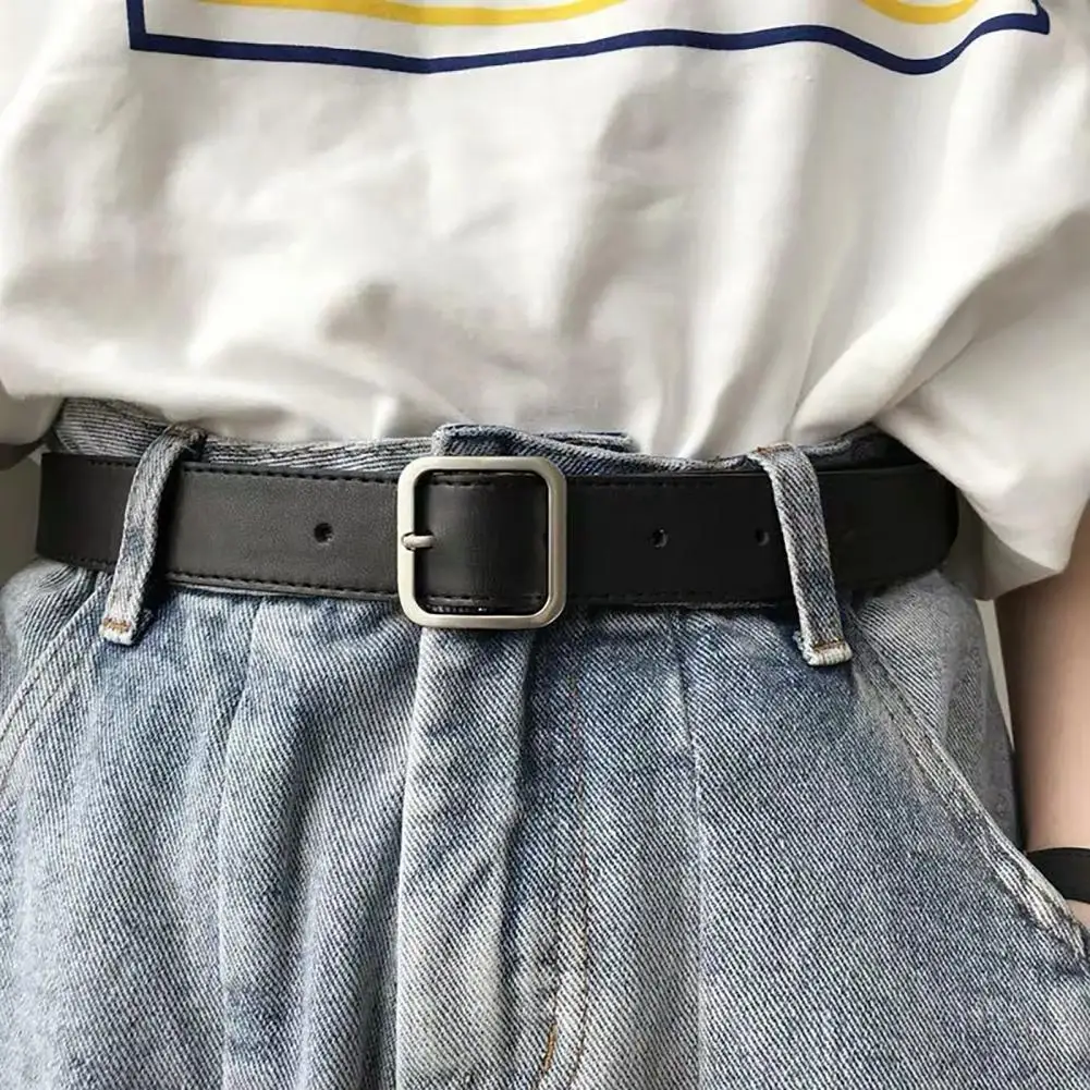 

Waist Belt Square Metal Buckle Adjustable Women Holes Black Unfading Waistband for Party