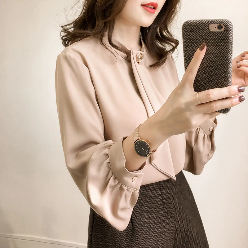 

GOOHOJIO women shirts and blouses Feminine Blouse Top Long Lantern Sleeve Casual Turn-down Collar Harajuku Women Loose Blouses