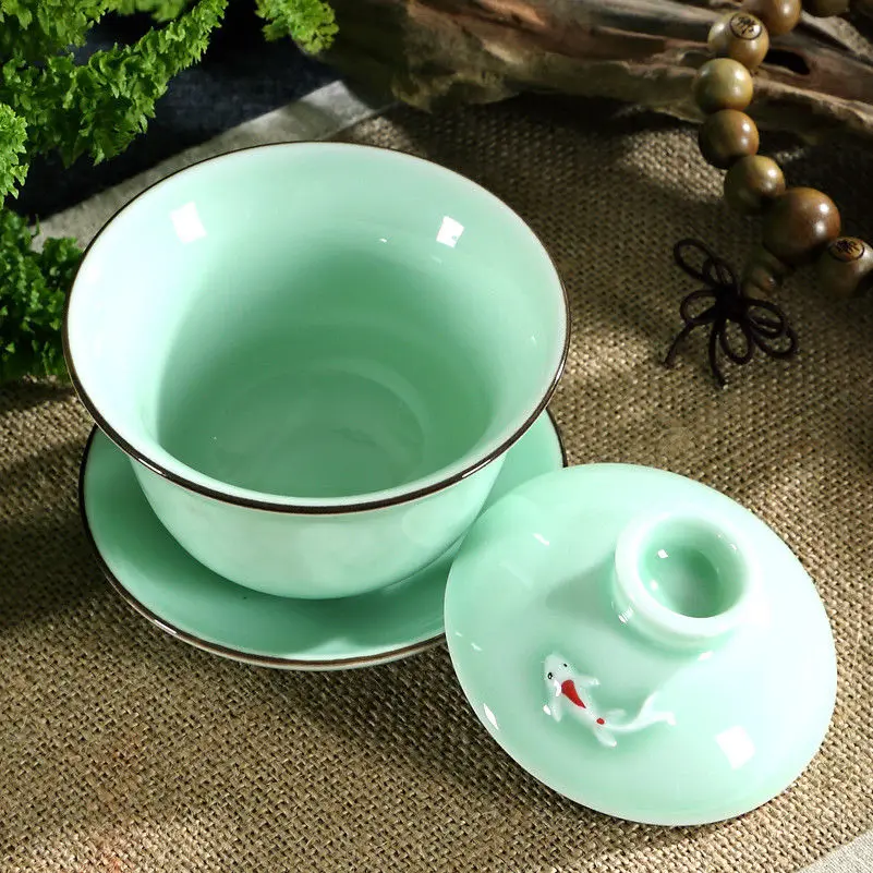 Чайный набор [GRANDNESS] Longquan Celadon Gaiwan Gongfu чайных 3d рыбок кружка 140 мл|Заварники| |