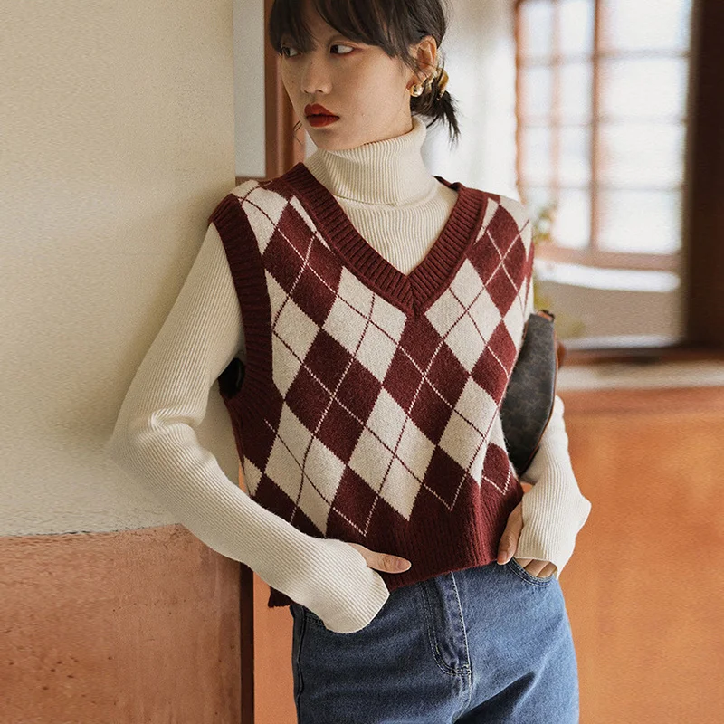 

Autumn Spring Sweater Vest Women Color Block Sleeveless Argyle Pattern V-neck Knit Sweater Tanks Female Knitwear Tops Outerwear