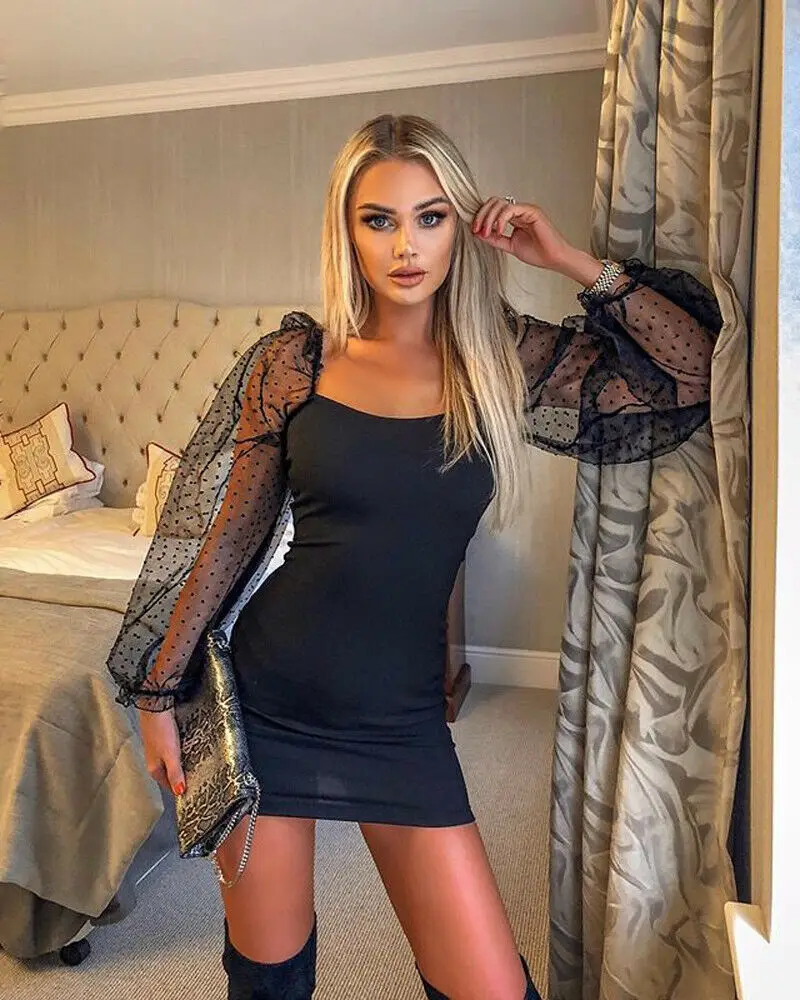 Женское Короткое облегающее платье с квадратным вырезом сетчатым