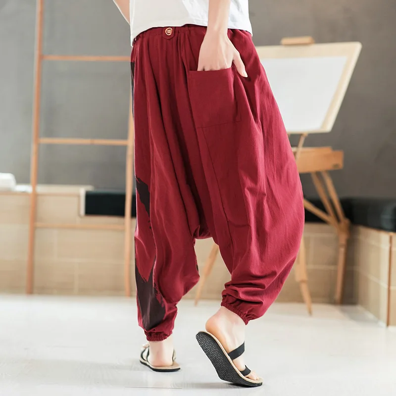 Мужские штаны для йоги льняные свободные широкие в паховой области мужские