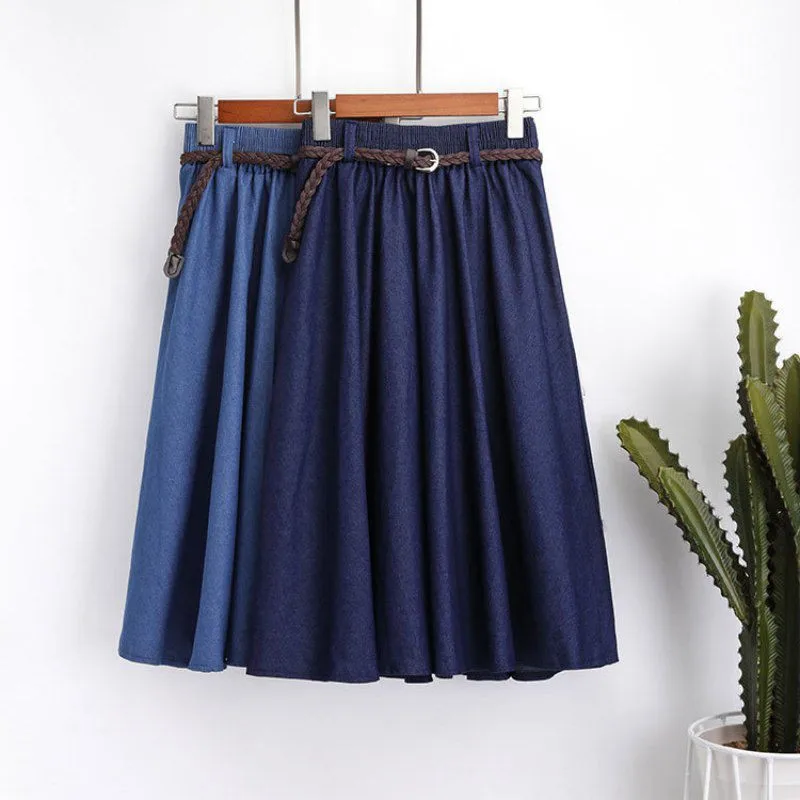 

Sweet Vintage Literary Style Elastic High Waist Summer A-Line Denim Jeans Skirts denim Skirt plus size Women Clothes