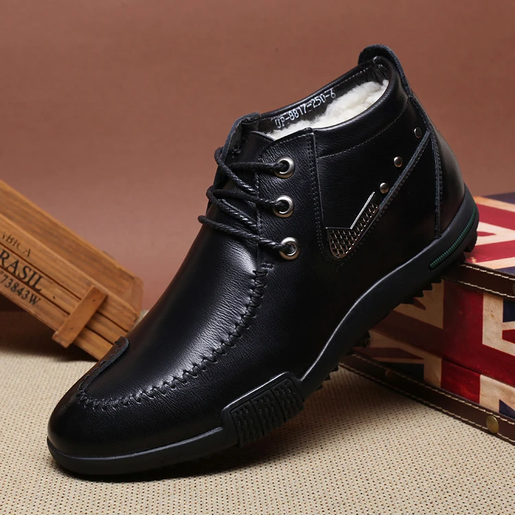 LACE-UP BLACK Зимние классические мужские кожаные ботинки на овечьем меху; нескользящая теплая обувь для отца; Роскошные Дизайнерские ботильоны с круглым носком - Цвет: LACE-UP BLACK
