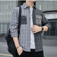 mens fashion clothing cotton large size shirt splicing checkerboard korean long sleeve loose top spring and autumn style