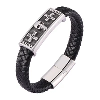 punk rock men jewelry black braided leather bracelet stainless steel cross skull bracelets magnetic clasp fashion bangle sp0480