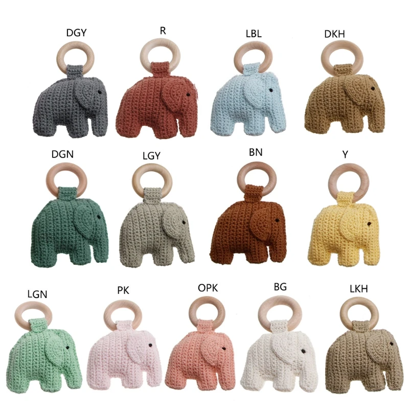 

Natural Elephant Crochet Teether Toy Rattle Soother Molar Play Toy Teething Relief Ring Sore Gum Kid Teether Product DIY