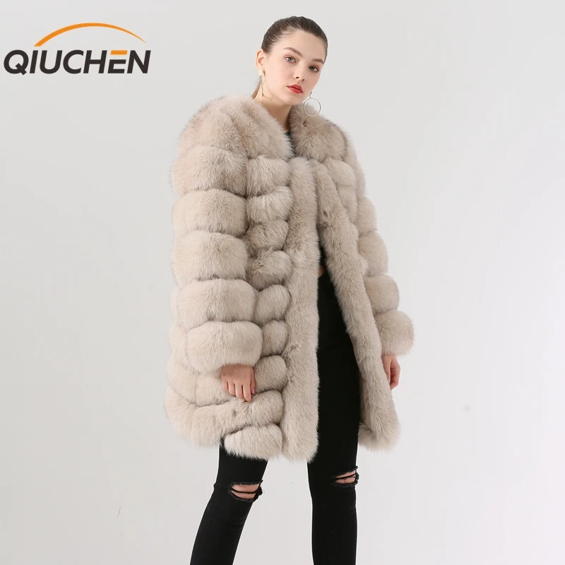 QIUCHEN PJ19060 Новое поступление натуральный Лисий Мех Женское зимнее длинное пальто Высокое качество Горячая Распродажа модель
