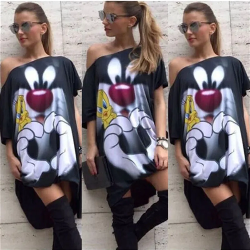 

2020 Summer Women Cartoon Dress Ladies Off Shoulder Sexy Casual Loose Dress Short Sleeve Plus Size Sexy Dress