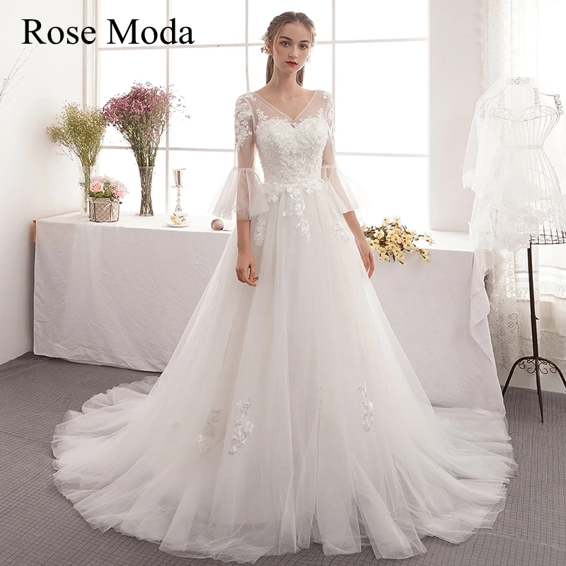 

Rose Moda Illusion V Neck 3/4 Sleeves Destination Wedding Dress Lace Boho Bridal Gown Custom Make