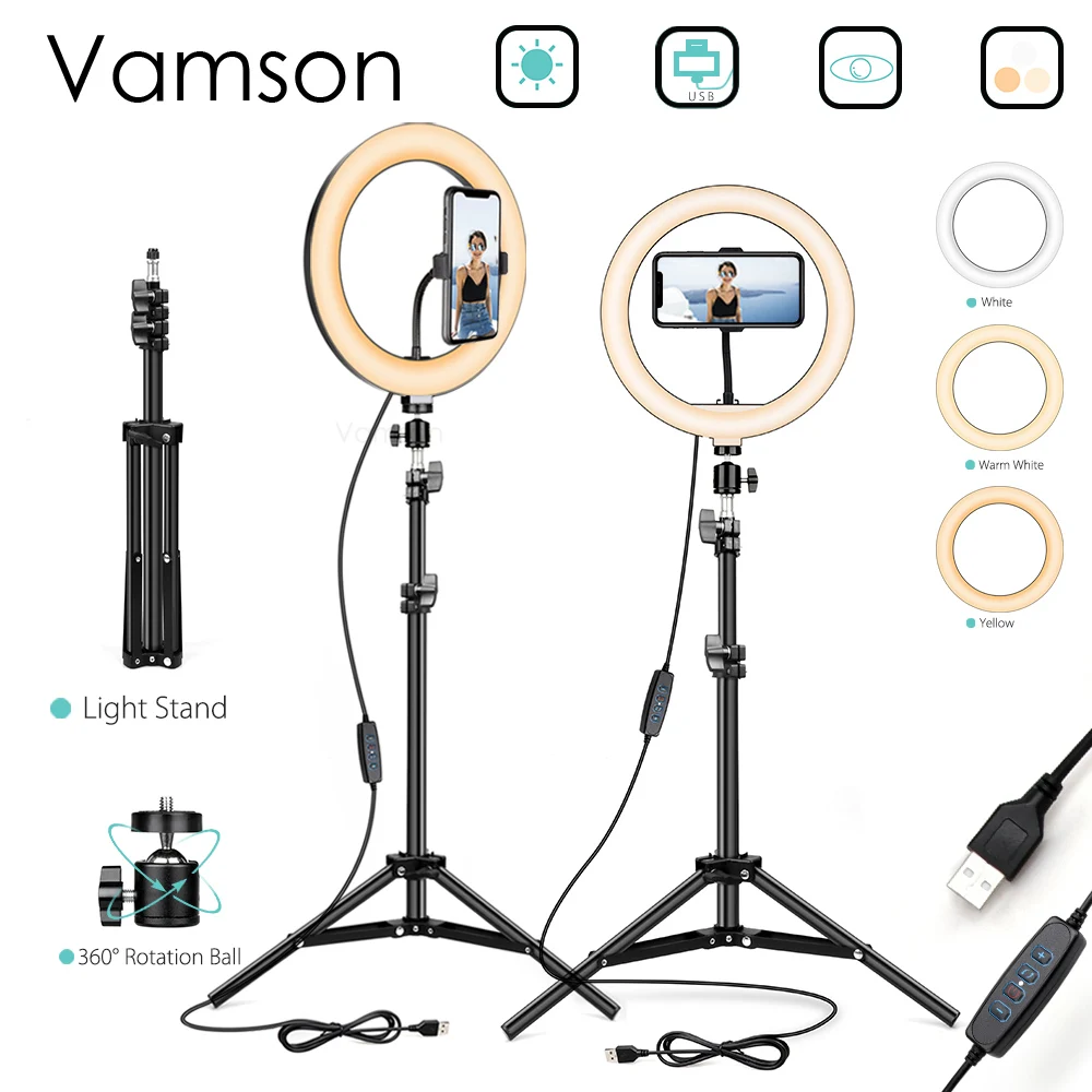 Vamson 10inch Selfie Ring Light 26cm Dimmable Camera Phone Ring Lamp With Stand Tripods for Makeup Video Live Studio VLS06C