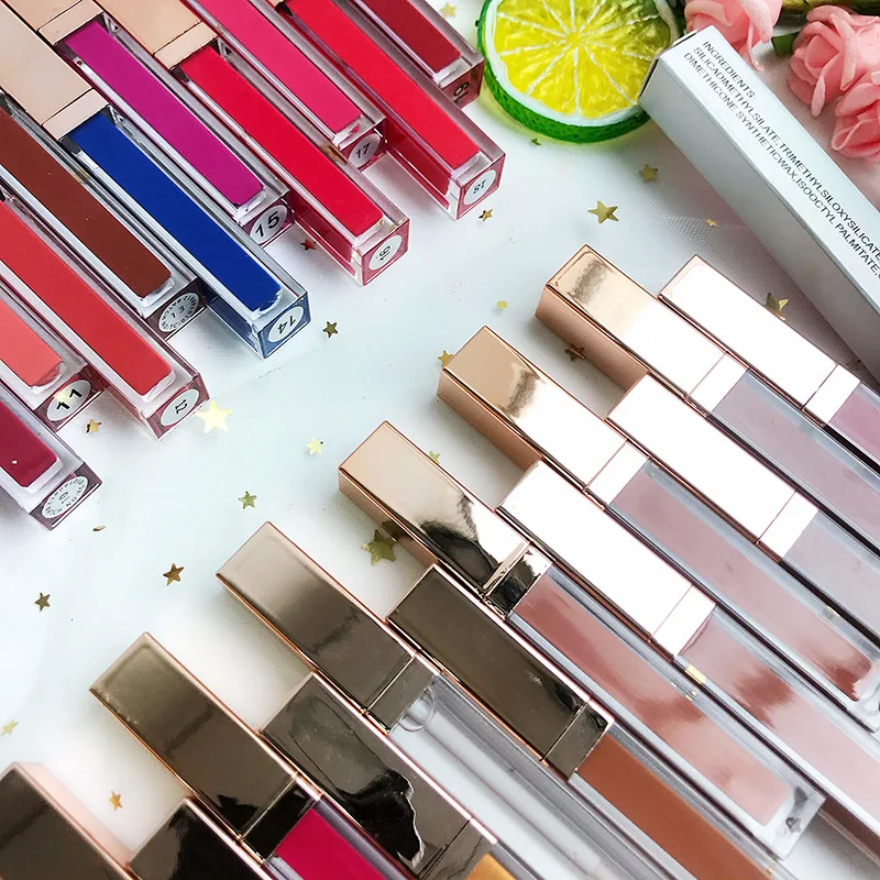 

New 37-color Rose Gold Square Tube Private Label Liquid Lipstick Easy To Color Long Lasting Waterproof and Moisturizing Lipstick