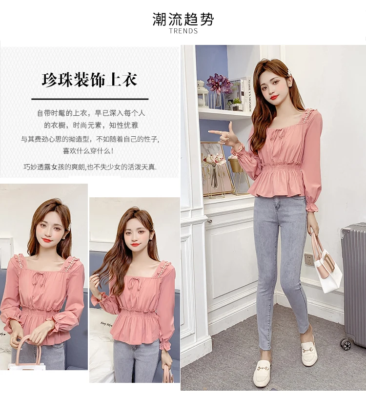 

Spring 2021 New Korean Style Tight Waist Niche Slim Shirt Women's Fashionable Pleated Fungus Square Collar Beaded Shirt