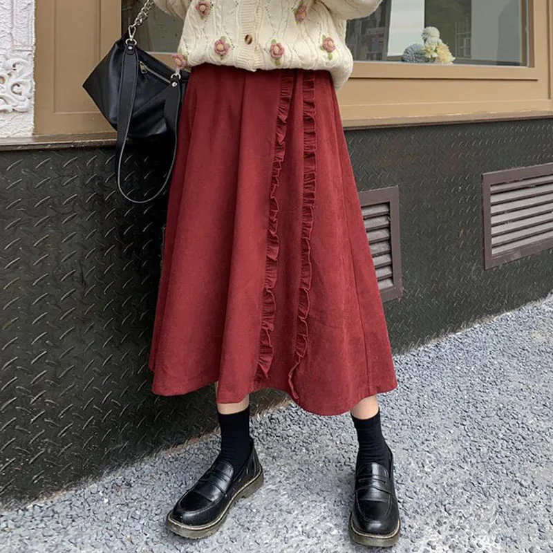 

FAKUNTN Corduroy Autumn Winter Skirts Women Vintage Wine Red Ruffles Midi Long Skirts Female Elastic High Waist A-line Skirt