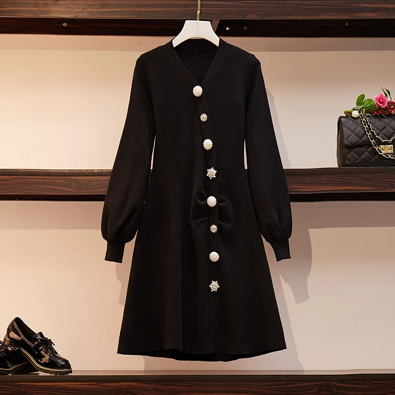 Женское трикотажное платье свитер размера плюс с жемчужными пуговицами и