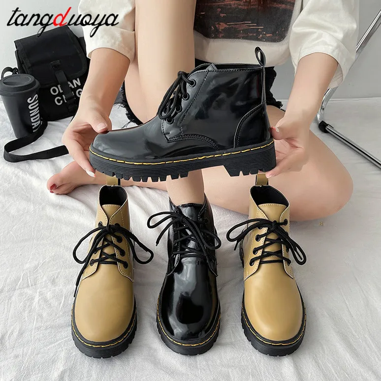 

Women Boots Leather Platform Boots Black Ankle Boots Lace Up Ladies Motorcycle Boots Thick Heel Platform Heels Footwear