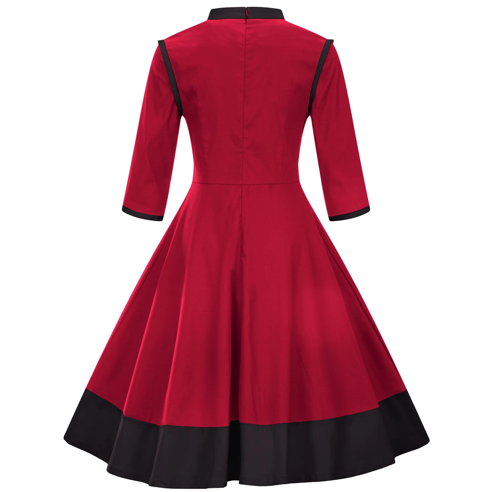 

Autumn Vintage Soild Lantern Sleeve A-Line Dress Women Elegant Stand Neck 3/4 Sleeve Button Sashes Knee-Length Casual Dress