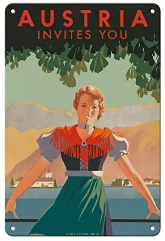 

Австрия приглашает вас-Schloss Orth Castle - Lake Traunsee, Gmunden от Джозефа связующего c.1934 металлический жестяной знак