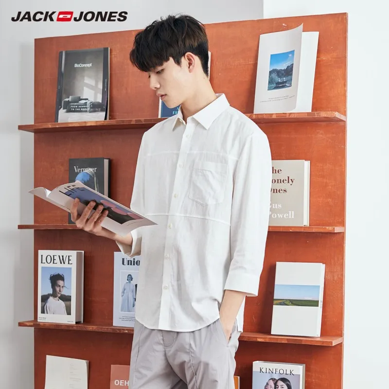 Мужская Базовая приталенная рубашка JackJones льняная Однотонная с рукавом 3/4 220131502 |