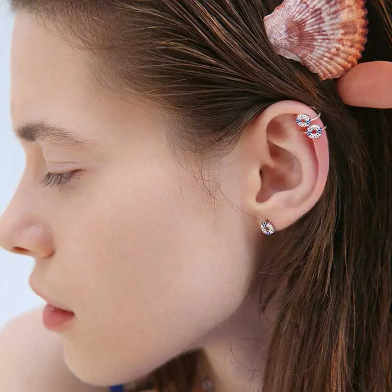 Серебряные серьги клипсы KALETINE с синим камнем без проколов подарок на день