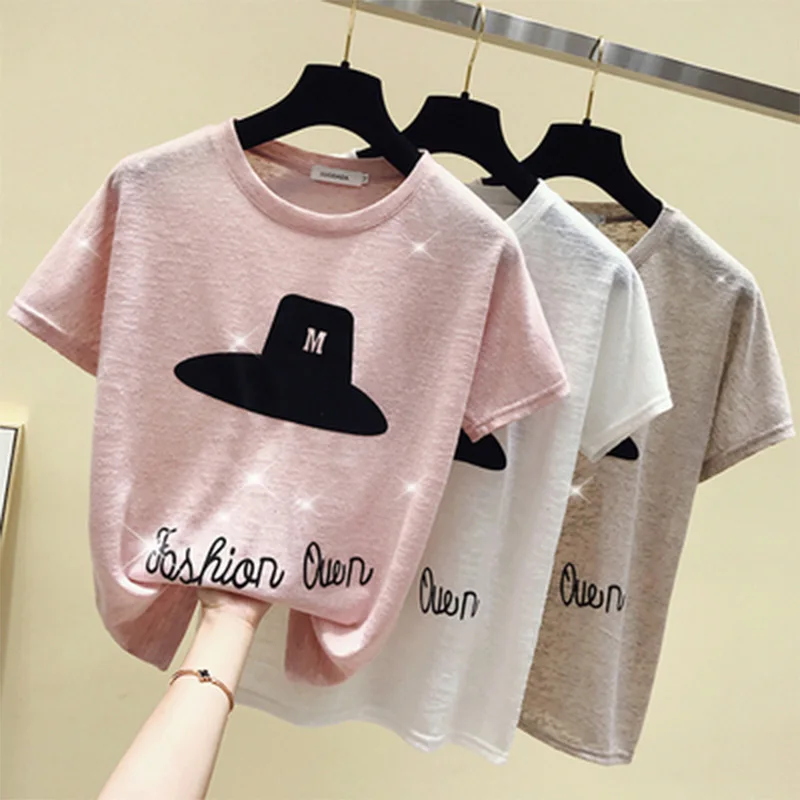 

Women Summer Knitted Tshirt Breathable Cartoon Hat Print Short Sleeve Casual Loose Tee Female Vintage T-shirt Batwing Sleeve