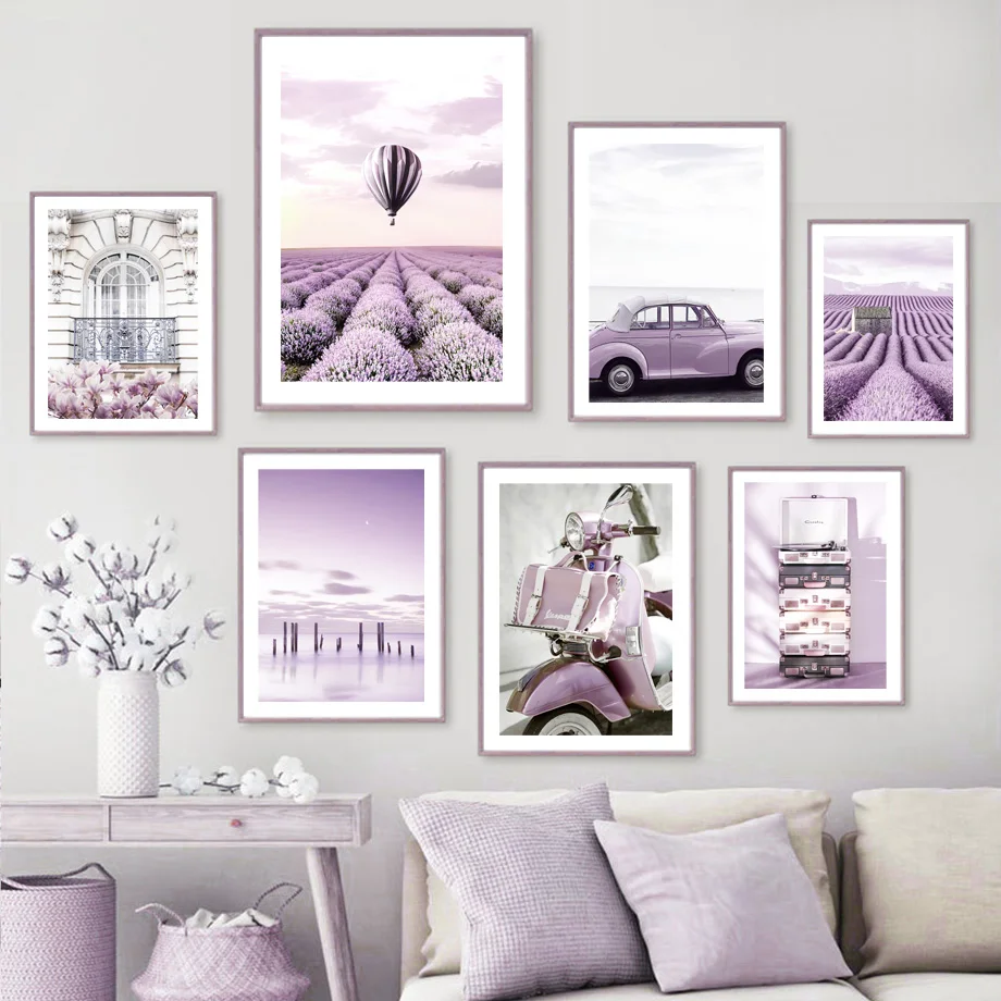 

Purple Flower Field Lilac Car Record Sea Wall Art Canvas Painting Nordic Posters And Prints Wall Pictures For Living Room Decor