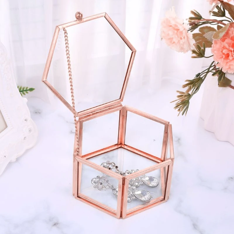 New Hexagon Transparent Rose Gold Glass Ring Box Wedding Geometric Jewelry Organizer