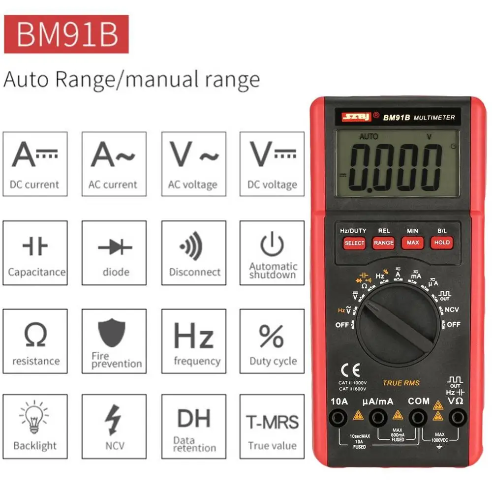 SZBJ Высокоточный цифровой мультиметр BM91A / BM91B AC/DC подсветка Автоматический