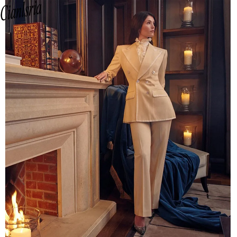 

Noble Lady Blazer Suits Double Breasted Long Sleeve Two Pieces Outfits Evening Party Wedding Wear (Jacket+Pants)