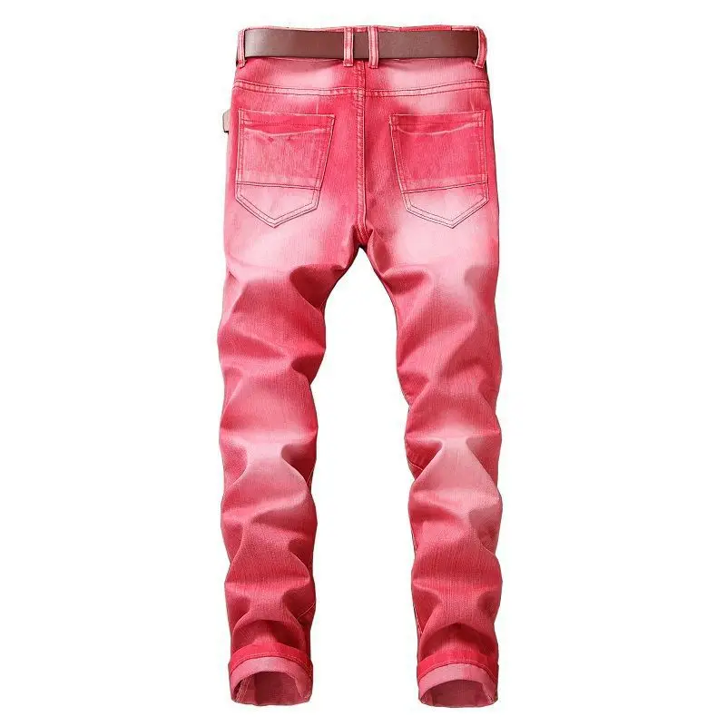 Men's Red Ripped Denim Pants Knee Hole Zipper Biker Jeans Men Slim Skinny Destroyed Jean Pants Hip-Hop Motorcycle Denim Trousers