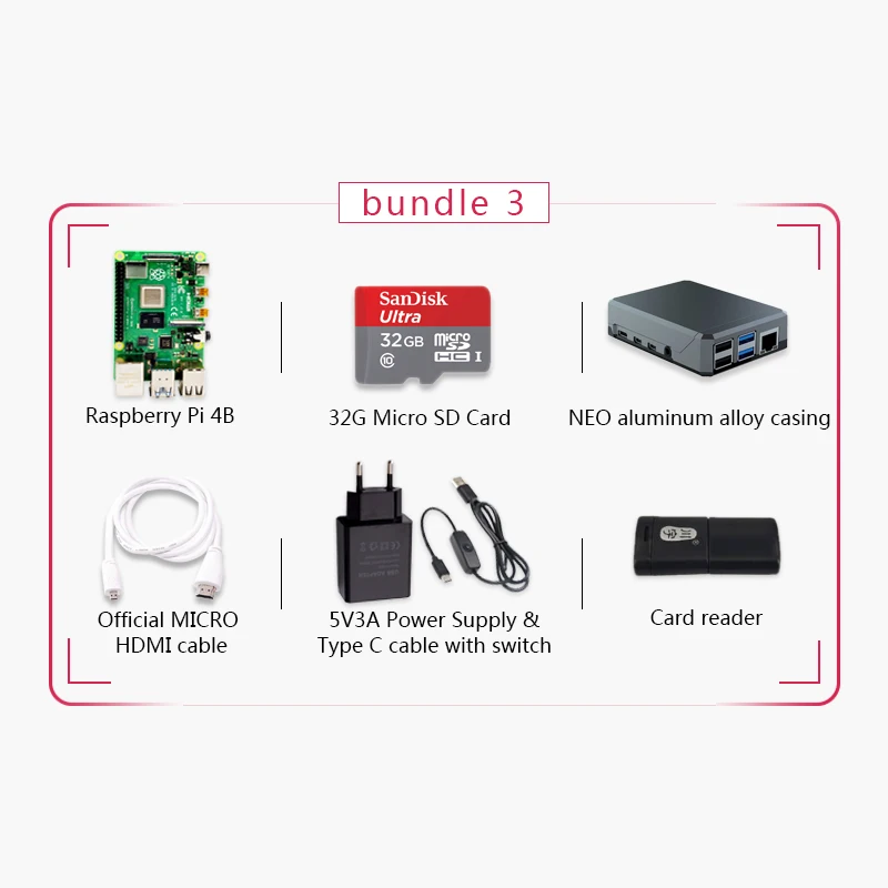 Оригинальный Raspberry Pi 4 Модель B 1G Комплект плата Micro HDMI кабель источник питания с