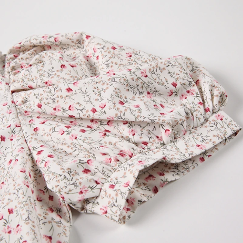 

Sweet Pleated Floral Print Dress Korean Chic Peter Pan Collar Slim Waist Trumpet Femme Robe Simple Sweet Elegant Summer Dress