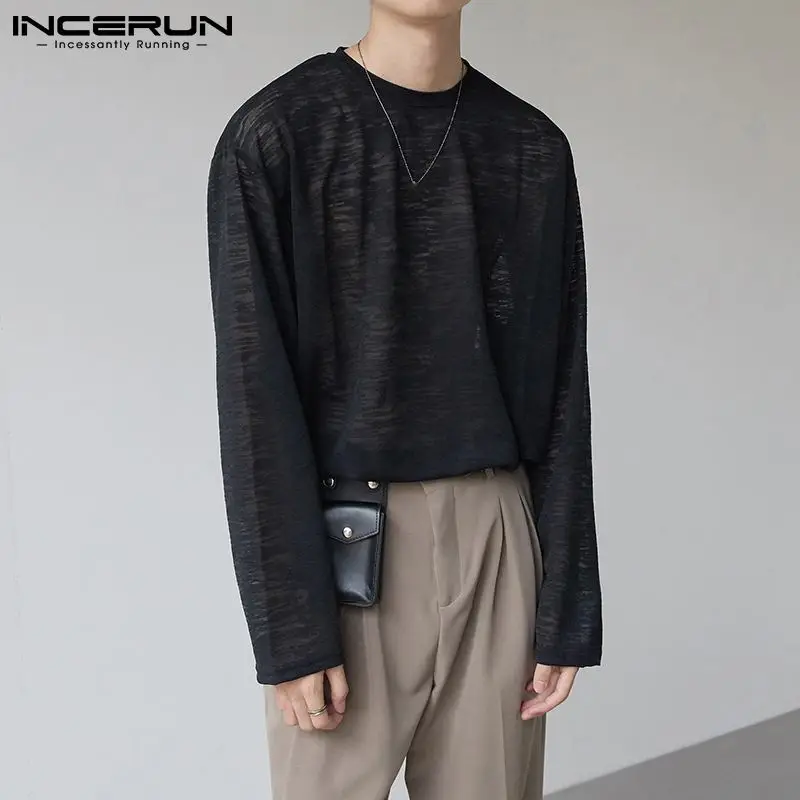 

INCERUN Tops 2022 New Men Fashionable Casual Camiseta Leisure Wear Round Neck Long-sleeved Oversized Transparent T-shirts S-5XL