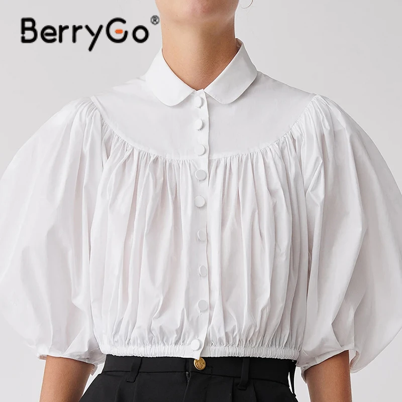 

BerryGo Elegant bubble sleeveles white shirt Fashion single breasted white crop tops Summer causal woman wrinkle shirts 2021 new